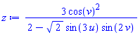 3*cos(v)^2/(2-2^(1/2)*sin(3*u)*sin(2*v))
