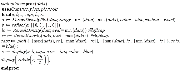 violinplot := proc (data) local a, b, c, caps, lc, rc; a := Statistics:-KernelDensityPlot(data, range = min(data) .. max(data), color = blue, method = exact); b := plottools:-reflect(a, [[0, 0], [1, 0]]); lc := Statistics:-KernelDensity(data, eval = min(data)); rc := Statistics:-KernelDensity(data, eval = max(data)); caps := plot({[[max(data), rc], [max(data), -rc]], [[min(data), lc], [min(data), -lc]]}, color = blue); c := plots:-display(a, b, caps, axes = box, color = blue); plots:-display(plottools:-rotate(c, (1/2)*Pi)) end proc: