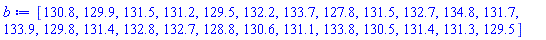 [130.8, 129.9, 131.5, 131.2, 129.5, 132.2, 133.7, 127.8, 131.5, 132.7, 134.8, 131.7, 133.9, 129.8, 131.4, 132.8, 132.7, 128.8, 130.6, 131.1, 133.8, 130.5, 131.4, 131.3, 129.5]