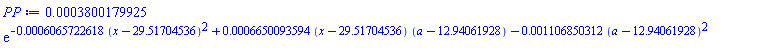 0.3800179925e-3*exp(-0.6065722618e-3*(x-29.51704536)^2+0.6650093594e-3*(x-29.51704536)*(a-12.94061928)-0.1106850312e-2*(a-12.94061928)^2)