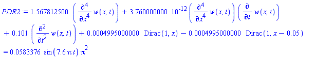 1.567812500*(diff(diff(diff(diff(w(x, t), x), x), x), x))+0.3760000000e-11*(diff(diff(diff(diff(w(x, t), x), x), x), x))*(diff(w(x, t), t))+.101*(diff(diff(w(x, t), t), t))+0.4995000000e-3*Dirac(1, x)-0.4995000000e-3*Dirac(1, x-0.5e-1) = 0.583376e-1*sin(7.6*Pi*t)*Pi^2