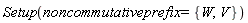 Setup(noncommutativeprefix = {V, W})