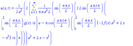 u(x, t) = (1/2)*(2*(Sum(sin(n*Pi*x/L)*(2*L*sin(a*Pi*t*n/L)*(Int(sin(n*Pi*x/L)*g(x), x = 0 .. L))*a-Pi*cos(a*Pi*t*n/L)*(Int(sin(n*Pi*x/L)*(-2*f(x)*a^2+L*x-x^2), x = 0 .. L))*n)/(Pi*n*a^2*L), n = 1 .. infinity))*a^2+L*x-x^2)/a^2