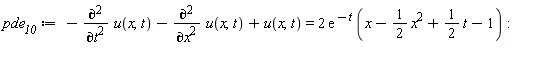 pde__10 := -(diff(u(x, t), t, t))-(diff(u(x, t), x, x))+u(x, t) = 2*exp(-t)*(x-(1/2)*x^2+(1/2)*t-1)