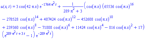 u(x, t) = 3*cos(42*Pi*x)*exp(-1764*Pi^2*t)+cos(Pi*x)*(65536*cos(Pi*x)^16-278528*cos(Pi*x)^14+487424*cos(Pi*x)^12-452608*cos(Pi*x)^10+239360*cos(Pi*x)^8-71808*cos(Pi*x)^6+11424*cos(Pi*x)^4-816*cos(Pi*x)^2+17)*(exp(289*Pi^2*t+3*t)-1)*exp(-289*Pi^2*t)/(289*Pi^2+3)