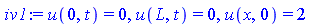 u(0, t) = 0, u(L, t) = 0, u(x, 0) = 2