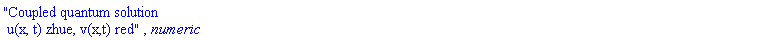 "Coupled quantum solution 
 u(x, t) zhue, v(x,t) red", numeric