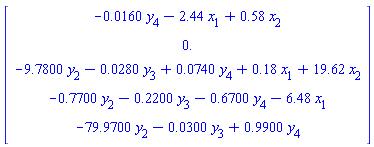 Matrix([[-0.160e-1*y[4]-2.44*x[1]+.58*x[2]], [0.], [-9.7800*y[2]-0.280e-1*y[3]+0.740e-1*y[4]+.18*x[1]+19.62*x[2]], [-.7700*y[2]-.2200*y[3]-.6700*y[4]-6.48*x[1]], [-79.9700*y[2]-0.300e-1*y[3]+.9900*y[4]]])
