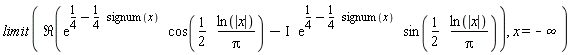 limit(Re(exp(1/4-(1/4)*signum(x))*cos((1/2)*ln(abs(x))/Pi)-I*exp(1/4-(1/4)*signum(x))*sin((1/2)*ln(abs(x))/Pi)), x = -infinity)
