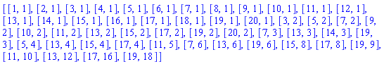 [[1, 1], [2, 1], [3, 1], [4, 1], [5, 1], [6, 1], [7, 1], [8, 1], [9, 1], [10, 1], [11, 1], [12, 1], [13, 1], [14, 1], [15, 1], [16, 1], [17, 1], [18, 1], [19, 1], [20, 1], [3, 2], [5, 2], [7, 2], [9, 2], [10, 2], [11, 2], [13, 2], [15, 2], [17, 2], [19, 2], [20, 2], [7, 3], [13, 3], [14, 3], [19, 3], [5, 4], [13, 4], [15, 4], [17, 4], [11, 5], [7, 6], [13, 6], [19, 6], [15, 8], [17, 8], [19, 9], [11, 10], [13, 12], [17, 16], [19, 18]]
