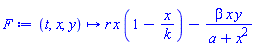 proc (t, x, y) options operator, arrow; r*x*(1-x/k)-beta*x*y/(a+x^2) end proc