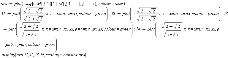 orb := plot(([seq])([M[j, 1][1], M[j, 1][2]], j = 1 .. i), colour = blue); l1 := plot(sqrt(2-sqrt(2))*x/sqrt(2+sqrt(2)), x = xmin .. xmax, colour = green); l2 := plot(-sqrt(2-sqrt(2))*x/sqrt(2+sqrt(2)), x = xmin .. xmax, colour = green); l3 := plot(sqrt(2+sqrt(2))*x/sqrt(2-sqrt(2)), x = xmin .. xmax, y = ymin .. ymax, colour = green); l4 := plot(-sqrt(2+sqrt(2))*x/sqrt(2-sqrt(2)), x = xmin .. xmax, y = ymin .. ymax, colour = green); display(orb, l1, l2, l3, l4, scaling = constrained)