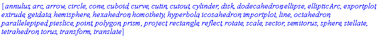 [annulus, arc, arrow, circle, cone, cuboid, curve, cutin, cutout, cylinder, disk, dodecahedron, ellipse, ellipticArc, exportplot, extrude, getdata, hemisphere, hexahedron, homothety, hyperbola, icosahedron, importplot, line, octahedron, parallelepiped, pieslice, point, polygon, prism, project, rectangle, reflect, rotate, scale, sector, semitorus, sphere, stellate, tetrahedron, torus, transform, translate]