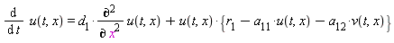 diff(u(t, x), t) = d[1]*(diff(u(t, x), x, x))+u(t, x)*{r[1]-a[11]*u(t, x)-a[12]*v(t, x)}