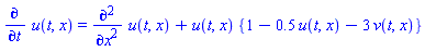 diff(u(t, x), t) = diff(diff(u(t, x), x), x)+u(t, x)*{1-.5*u(t, x)-3*v(t, x)}