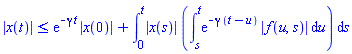 abs(x(t)) <= exp(-gamma*t)*abs(x(0))+int(abs(x(s))*(int(exp(-gamma*(t-u))*abs(f(u, s)), u = s .. t)), s = 0 .. t)