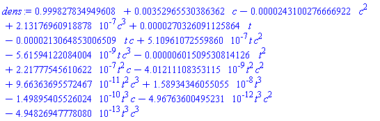 HFloat(0.999827834949608)+HFloat(0.0035296553038636205)*c-HFloat(2.4310027666692226e-5)*c^2+HFloat(2.1317696091887753e-7)*c^3+HFloat(2.7032609112586373e-5)*t-HFloat(2.1306485300650898e-5)*t*c+HFloat(5.109610725598598e-7)*t*c^2-HFloat(5.615941220840037e-9)*t*c^3-HFloat(6.015095308141257e-6)*t^2+HFloat(2.2177754561062198e-7)*t^2*c-HFloat(4.0121110835311455e-9)*t^2*c^2+HFloat(9.663636955724667e-11)*t^2*c^3+HFloat(1.5893434605505464e-8)*t^3-HFloat(1.4989540552602354e-10)*t^3*c-HFloat(4.967636004952312e-12)*t^3*c^2-HFloat(4.948269477780804e-13)*t^3*c^3