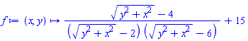 proc (x, y) options operator, arrow; ((y^2+x^2)^(1/2)-4)/(((y^2+x^2)^(1/2)-2)*((y^2+x^2)^(1/2)-6))+15 end proc