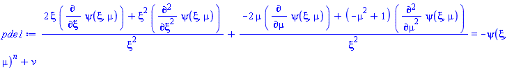 (2*xi*(diff(psi(xi, mu), xi))+xi^2*(diff(diff(psi(xi, mu), xi), xi)))/xi^2+(-2*mu*(diff(psi(xi, mu), mu))+(-mu^2+1)*(diff(diff(psi(xi, mu), mu), mu)))/xi^2 = -psi(xi, mu)^n+v