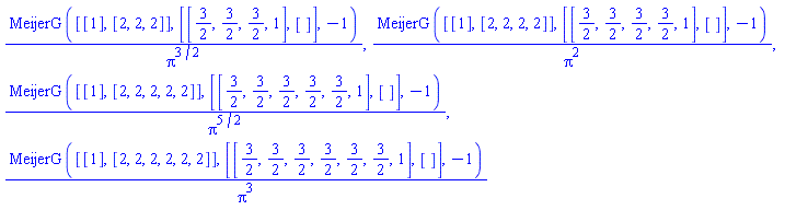 MeijerG([[1], [2, 2, 2]], [[3/2, 3/2, 3/2, 1], []], -1)/Pi^(3/2), MeijerG([[1], [2, 2, 2, 2]], [[3/2, 3/2, 3/2, 3/2, 1], []], -1)/Pi^2, MeijerG([[1], [2, 2, 2, 2, 2]], [[3/2, 3/2, 3/2, 3/2, 3/2, 1], []], -1)/Pi^(5/2), MeijerG([[1], [2, 2, 2, 2, 2, 2]], [[3/2, 3/2, 3/2, 3/2, 3/2, 3/2, 1], []], -1)/Pi^3