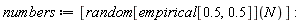 numbers := [random[empirical[.5, .5]](N)]