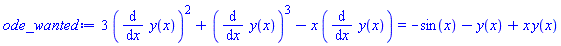 3*(diff(y(x), x))^2+(diff(y(x), x))^3-x*(diff(y(x), x)) = -sin(x)-y(x)+x*y(x)