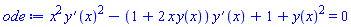 x^2*(diff(y(x), x))^2-(1+2*x*y(x))*(diff(y(x), x))+1+y(x)^2 = 0