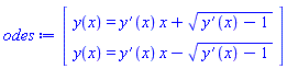 Vector(2, {(1) = y(x) = (diff(y(x), x))*x+sqrt(diff(y(x), x)-1), (2) = y(x) = (diff(y(x), x))*x-sqrt(diff(y(x), x)-1)})