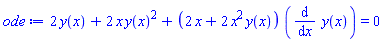 2*y(x)+2*x*y(x)^2+(2*x+2*x^2*y(x))*(diff(y(x), x)) = 0