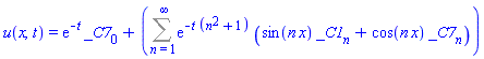 u(x, t) = exp(-t)*_C7[0]+Sum(exp(-t*(n^2+1))*(sin(n*x)*_C1[n]+cos(n*x)*_C7[n]), n = 1 .. infinity)
