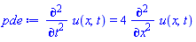 diff(diff(u(x, t), t), t) = 4*(diff(diff(u(x, t), x), x))
