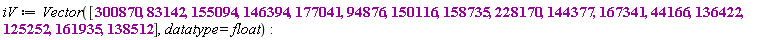iV := Vector([300870, 83142, 155094, 146394, 177041, 94876, 150116, 158735, 228170, 144377, 167341, 44166, 136422, 125252, 161935, 138512], datatype = float):