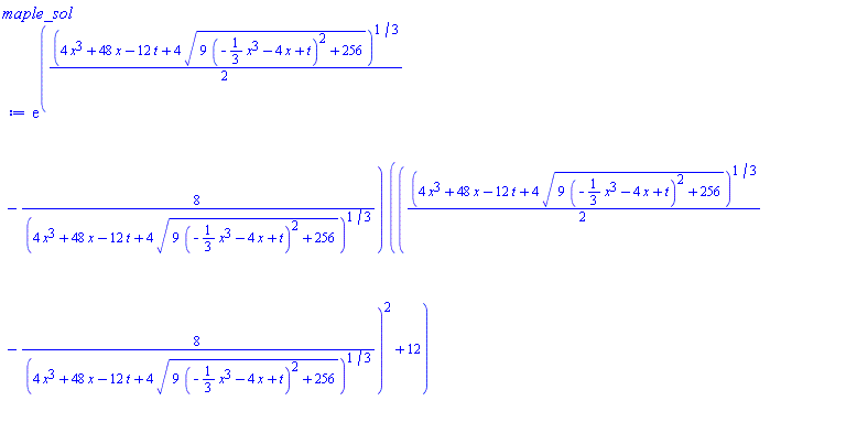 exp(((1/2)*(4*x^3+48*x-12*t+4*(9*(-(1/3)*x^3-4*x+t)^2+256)^(1/2))^(1/3)-8/(4*x^3+48*x-12*t+4*(9*(-(1/3)*x^3-4*x+t)^2+256)^(1/2))^(1/3))*(((1/2)*(4*x^3+48*x-12*t+4*(9*(-(1/3)*x^3-4*x+t)^2+256)^(1/2))^(1/3)-8/(4*x^3+48*x-12*t+4*(9*(-(1/3)*x^3-4*x+t)^2+256)^(1/2))^(1/3))^2+12))