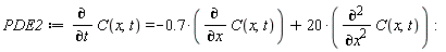 PDE2 := diff(C(x, t), t) = -.7*(diff(C(x, t), x))+20*(diff(C(x, t), x, x))