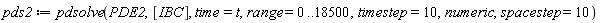 pds2 := pdsolve(PDE2, [IBC], time = t, range = 0 .. 18500, timestep = 10, numeric, spacestep = 10)