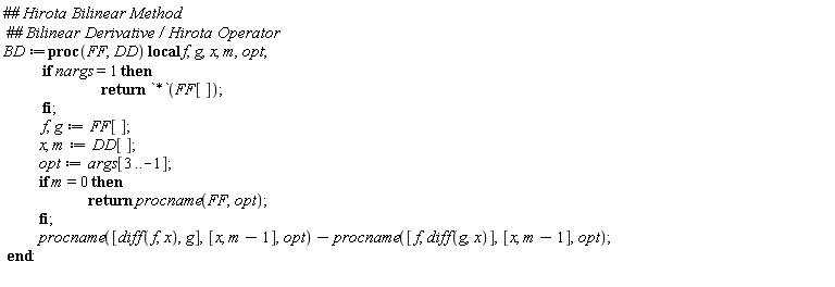 BD := proc (FF, DD) local f, g, x, m, opt; if nargs = 1 then return `*`(FF[]) end if; f, g := FF[]; x, m := DD[]; opt := args[3 .. -1]; if m = 0 then return procname(FF, opt) end if; procname([diff(f, x), g], [x, m-1], opt)-procname([f, diff(g, x)], [x, m-1], opt) end proc