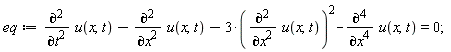 eq := diff(u(x, t), t, t)-(diff(u(x, t), x, x))-3*(diff(u(x, t), x, x))^2-(diff(u(x, t), x, x, x, x)) = 0
