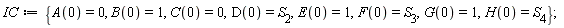 IC := {A(0) = 0, B(0) = 1, C(0) = 0, D(0) = S[2], E(0) = 1, F(0) = S[3], G(0) = 1, H(0) = S[4]};