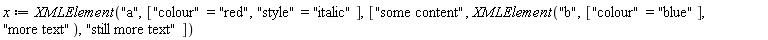 x := XMLElement("a", ["colour" = "red", "style" = "italic"], ["some content", XMLElement("b", ["colour" = "blue"], "more text"), "still more text"])