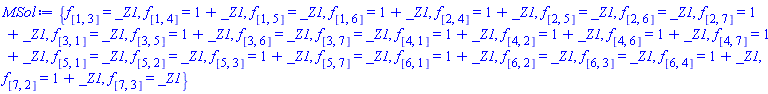 {f[[1, 3]] = _Z1, f[[1, 4]] = 1+_Z1, f[[1, 5]] = _Z1, f[[1, 6]] = 1+_Z1, f[[2, 4]] = 1+_Z1, f[[2, 5]] = _Z1, f[[2, 6]] = _Z1, f[[2, 7]] = 1+_Z1, f[[3, 1]] = _Z1, f[[3, 5]] = 1+_Z1, f[[3, 6]] = _Z1, f[[3, 7]] = _Z1, f[[4, 1]] = 1+_Z1, f[[4, 2]] = 1+_Z1, f[[4, 6]] = 1+_Z1, f[[4, 7]] = 1+_Z1, f[[5, 1]] = _Z1, f[[5, 2]] = _Z1, f[[5, 3]] = 1+_Z1, f[[5, 7]] = _Z1, f[[6, 1]] = 1+_Z1, f[[6, 2]] = _Z1, f[[6, 3]] = _Z1, f[[6, 4]] = 1+_Z1, f[[7, 2]] = 1+_Z1, f[[7, 3]] = _Z1}