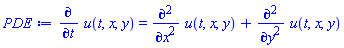 diff(u(t, x, y), t) = diff(diff(u(t, x, y), x), x)+diff(diff(u(t, x, y), y), y)