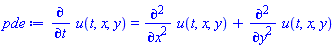 diff(u(t, x, y), t) = diff(diff(u(t, x, y), x), x)+diff(diff(u(t, x, y), y), y)