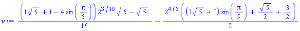 (1/16)*(I*5^(1/2)+I-4*sin((1/5)*Pi))*2^(3/10)*(5-5^(1/2))^(1/2)-(1/8)*2^(4/5)*((I*5^(1/2)+I)*sin((1/5)*Pi)+(1/2)*5^(1/2)+3/2)