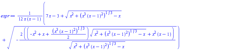 (1/12)*(7*x-3+(x^2+(x^3*(x-1)^2)^(1/3)-x)^(1/2)+(-2*((-x^2+x+(1/2)*(x^3*(x-1)^2)^(1/3))*(x^2+(x^3*(x-1)^2)^(1/3)-x)^(1/2)+x^2*(x-1))/(x^2+(x^3*(x-1)^2)^(1/3)-x)^(1/2))^(1/2))/(x*(x-1))