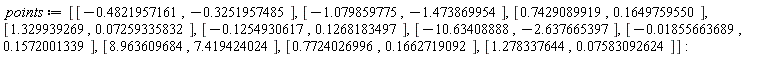 points := [[-.4821957161, -.3251957485], [-1.079859775, -1.473869954], [.7429089919, .1649759550], [1.329939269, 0.7259335832e-1], [-.1254930617, .1268183497], [-10.63408888, -2.637665397], [-0.1855663689e-1, .1572001339], [8.963609684, 7.419424024], [.7724026996, .1662719092], [1.278337644, 0.7583092624e-1]]