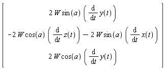 Vector(3, {(1) = 2*W*sin(a)*(diff(y(t), t)), (2) = -2*W*cos(a)*(diff(z(t), t))-2*W*sin(a)*(diff(x(t), t)), (3) = 2*W*cos(a)*(diff(y(t), t))})