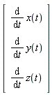 Vector(3, {(1) = diff(x(t), t), (2) = diff(y(t), t), (3) = diff(z(t), t)})