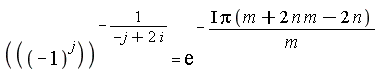 ((-1)^j)^(-1/(-j+2*i)) = exp(-I*Pi*(m+2*n*m-2*n)/m)