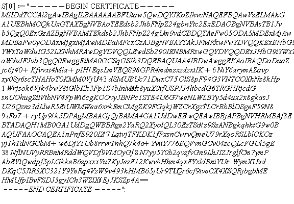 S[0] := "-----BEGIN CERTIFICATE-----
MIIDdTCCAl2gAwIBAgILBAAAAAABFUtaw5QwDQYJKoZIhvcNAQEFBQAwVzELMAkG
A1UEBhMCQkUxGTAXBgNVBAoTEEdsb2JhbFNpZ24gbnYtc2ExEDAOBgNVBAsTB1Jv
b3QgQ0ExGzAZBgNVBAMTEkdsb2JhbFNpZ24gUm9vdCBDQTAeFw05ODA5MDExMjAw
MDBaFw0yODAxMjgxMjAwMDBaMFcxCzAJBgNVBAYTAkJFMRkwFwYDVQQKExBHbG9i
YWxTaWduIG52LXNhMRAwDgYDVQQLEwdSb290IENBMRswGQYDVQQDExJHbG9iYWxT
aWduIFJvb3QgQ0EwggEiMA0GCSqGSIb3DQEBAQUAA4IBDwAwggEKAoIBAQDaDuaZ
jc6j40+Kfvvxi4Mla+pIH/EqsLmVEQS98GPR4mdmzxzdzxtIK+6 NiY6arymAZavp
xy0Sy6scTHAHoT0KMM0VjU/43 dSMUBUc71DuxC73/OlS8pF94G3VNTCOXkNz8kHp
1 Wrjsok6Vjk4bwY8iGlbKk3Fp1S4bInMm/k8yuX9ifUSPJJ4ltbcdG6TRGHRjcdG
snUOhugZitVtbNV4FpWi6cgKOOvyJBNPc1STE4U6G7weNLWLBYy5d4ux2x8gkasJ
U26Qzns3dLlwR5EiUWMWea6xrkEmCMgZK9FGqkjWZCrXgzT/LCrBbBlDSgeF59N8
9 iFo7+ryUp9/k5DPAgMBAAGjQjBAMA4GA1UdDwEB/wQEAwIBBjAPBgNVHRMBAf8E
BTADAQH/MB0GA1UdDgQWBBRge2YaRQ2XyolQL30EzTSo//z9SzANBgkqhkiG9w0B
AQUFAAOCAQEA1nPnfE920I2/7 LqivjTFKDK1fPxsnCwrvQmeU79rXqoRSLblCKOz
yj1hTdNGCbM+w6DjY1Ub8rrvrTnhQ7k4o+YviiY776BQVvnGCv04zcQLcFGUl5gE
38 NflNUVyRRBnMRddWQVDf9VMOyGj/8 N7yy5Y0b2qvzfvGn9LhJIZJrglfCm7ymP
AbEVtQwdpf5pLGkkeB6zpxxxYu7KyJesF12KwvhHhm4qxFYxldBniYUr+WymXUad
DKqC5JlR3XC321Y9YeRq4VzW9v493kHMB65jUr9TU/Qr6cf9tveCX4XSQRjbgbME
HMUfpIBvFSDJ3gyICh3WZlXi/EjJKSZp4A==
 -----END CERTIFICATE-----"