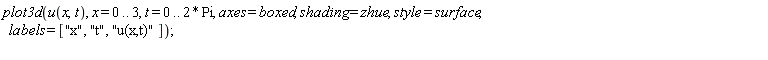 plot3d(u(x, t), x = 0 .. 3, t = 0 .. 2*Pi, axes = boxed, shading = zhue, style = surface, labels = ["x", "t", "u(x,t)"])